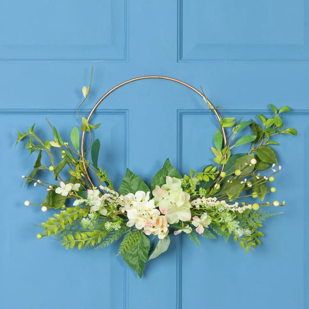 24-Inch Hydrangea and Fern Half Wreath with Gold Hoop Elegant Wall or Door Decoration